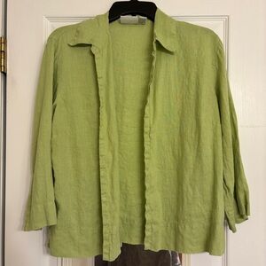 Chico's Design 100% Linen Size 1 Medium Shell Button Top Blouse Green Collar